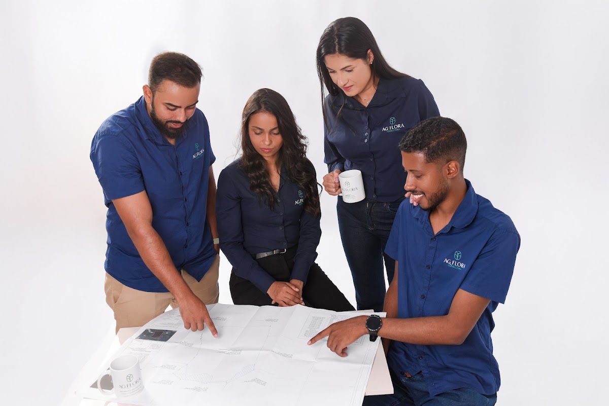 Danilo, Amanda, Taismara e Gilson, da AGflora, analisando a planta de um levantamento sobre a mesa